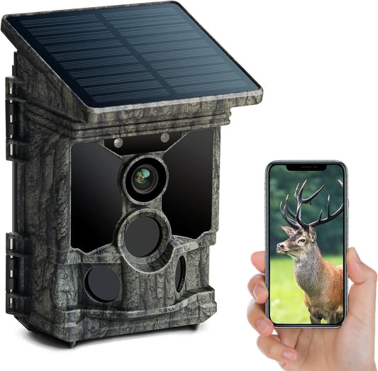 Solar Powered Trail Camera Native 4K 30Fps Wifi Bluetooth 46MP Game Camera with Night Vision Waterproof IP66 Motion Activated 120° Wide Angle Hunting Deer Trail Cam for Wildlife Monitoring