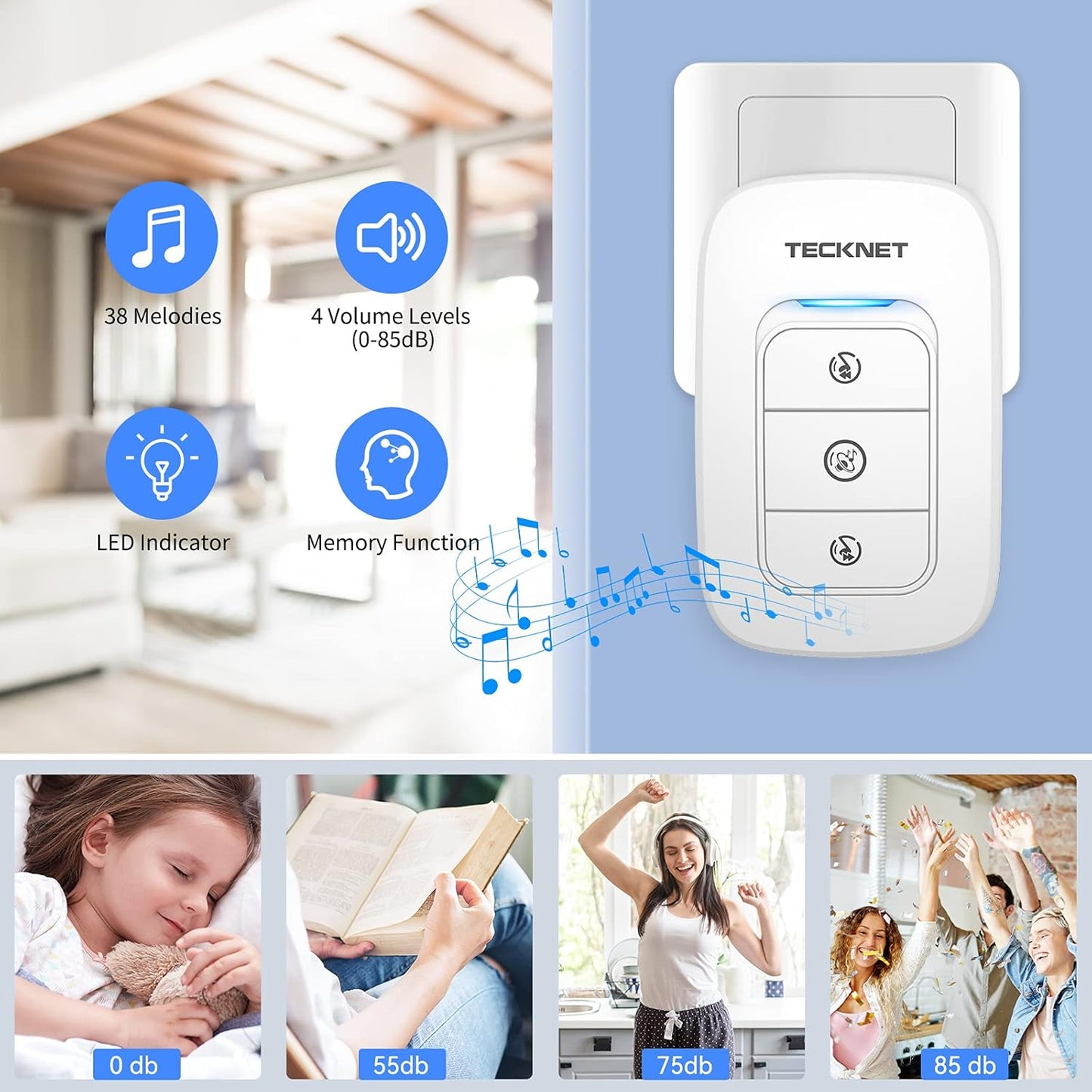 Wireless Doorbell, Waterproof Wireless Doorbells for Home, Cordless Door Chime Kit Battery Powered Operating at up to 1300 Feet Range with 38 Chimes, 4 Volume Levels & LED Flash
