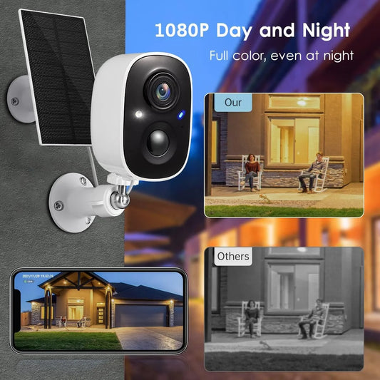 1080P 2MP Outdoor Bullet Camera with Solar Panel, Bracket, and USB Cable, Black