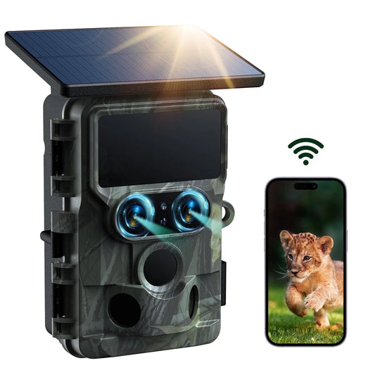 Wifi Trail Camera 4K UHD 30FPS Integrated Solar Powered, Starlight Night Vision Dual Lens 60MP Bluetooth Game Camera with 0.1S Trigger IMX458 Sensors IP66 Waterproof for Wildlife Monitoring