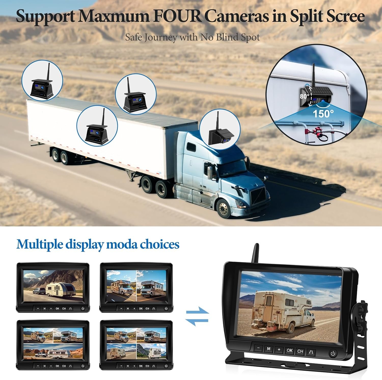 Magnetic Solar Wireless Backup Camera HD1080P 3 Min DIY Installation DVR 7" IPS with 2-Split Monitor Rechargeable Rear View Camera System for Hitching Gooseneck Horse Trailer Fifth Wheel Car RV Camper