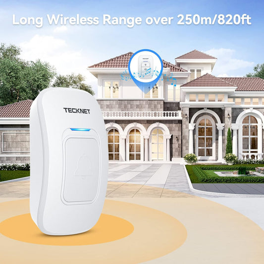 Wireless Doorbell, Waterproof Wireless Doorbells for Home, Cordless Door Chime Kit Battery Powered Operating at up to 1300 Feet Range with 38 Chimes, 4 Volume Levels & LED Flash